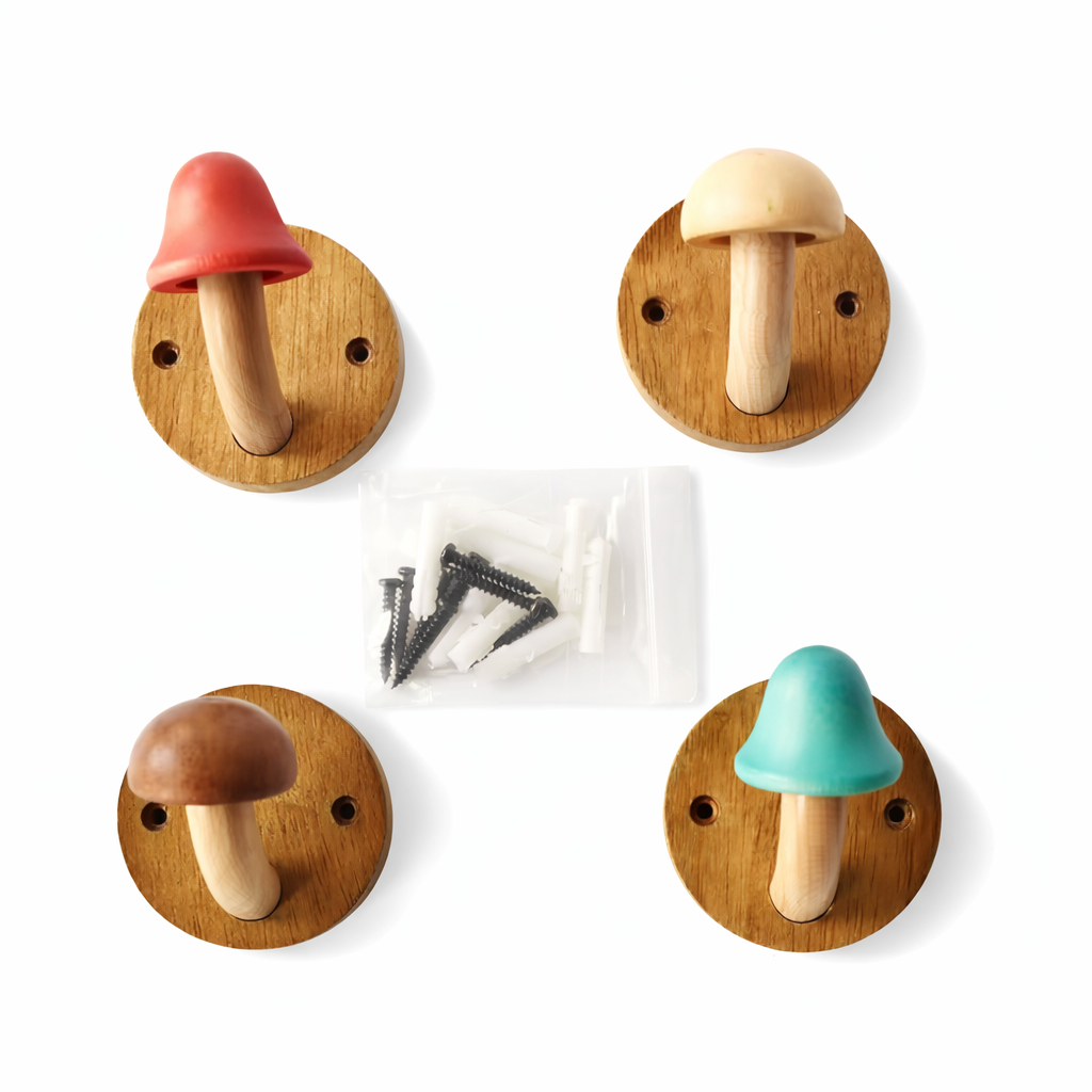 Mushroom Wooden Wall Hooks for Kids Room ( 4 Pack )